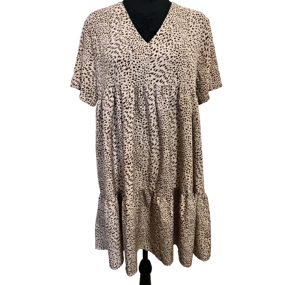 EUC SHEIN Beige & Brown Animal Print V-Neck Dress Women’s Size L